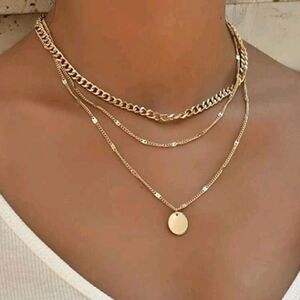Chunky layered statement necklace set Boho gold plated chain link discs